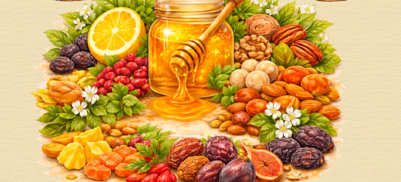 Cozeno ingredient visual showing nuts, dried fruits, honey, and lemon