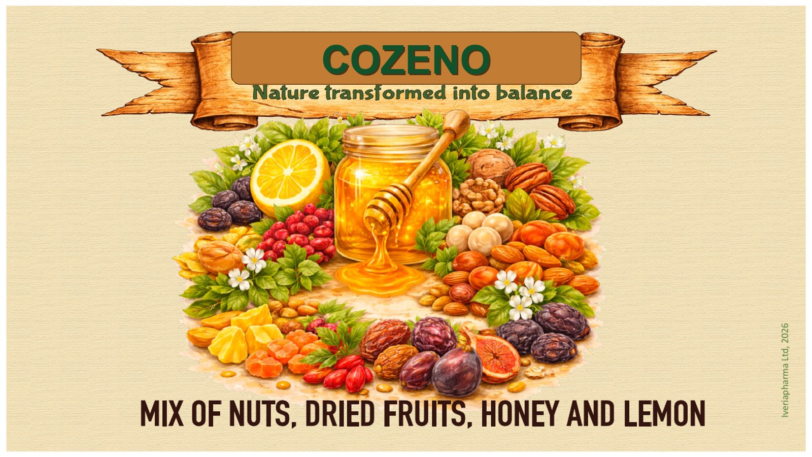Cozeno presentation visual showing nuts, dried fruits, honey, and lemon